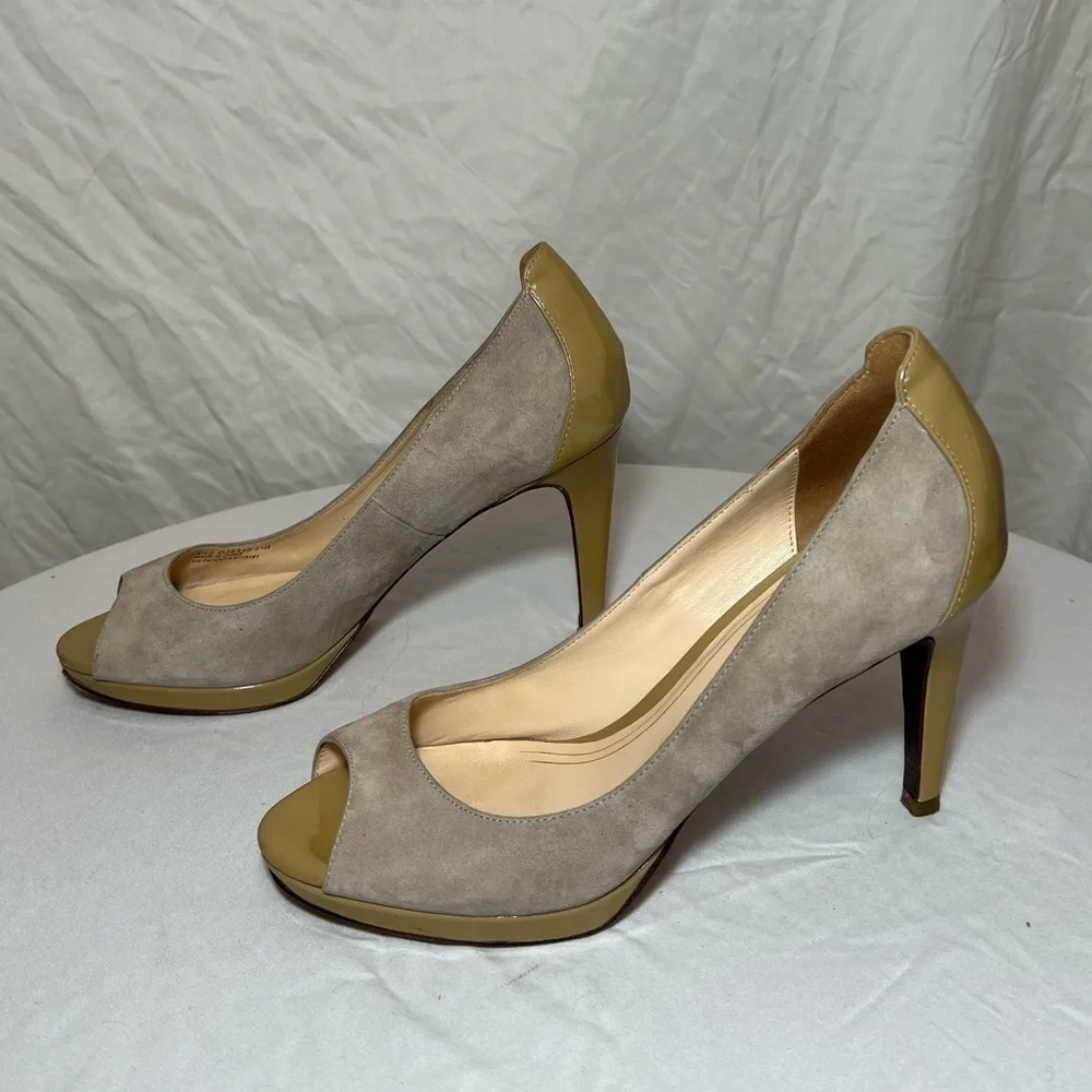 Cole Haan Nike Air Beige Nubuck & Patent Leather Peep Toe Heels Size 8.5B